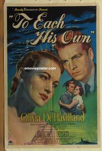 h103 TO EACH HIS OWN one-sheet movie poster '46 Olivia de Havilland
