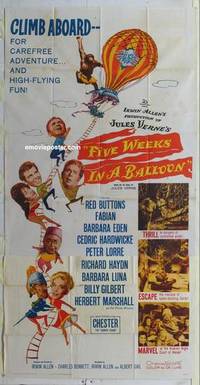 k297 FIVE WEEKS IN A BALLOON three-sheet movie poster '64 Jules Verne