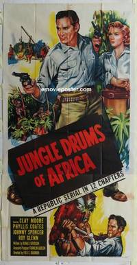 k390 JUNGLE DRUMS OF AFRICA three-sheet movie poster '52 Clay Moore, serial!