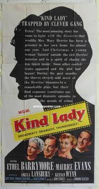k394 KIND LADY three-sheet movie poster '51 Ethel Barrymore, John Sturges