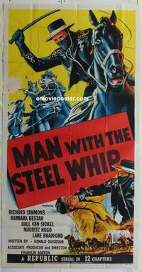 k432 MAN WITH THE STEEL WHIP three-sheet movie poster '54 serial, cool image!