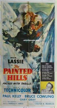 k483 PAINTED HILLS three-sheet movie poster '51 Lassie fighting on cliffs!