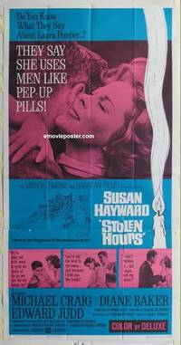 k536 STOLEN HOURS three-sheet movie poster '63 she uses men like pep pills!