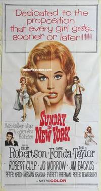 k538 SUNDAY IN NEW YORK three-sheet movie poster '64 Jane Fonda close up!
