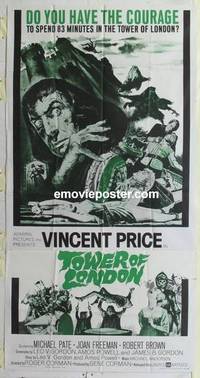 k136 TOWER OF LONDON three-sheet movie poster '62 Vincent Price, Corman
