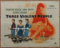 a799 THREE VIOLENT PEOPLE style B half-sheet movie poster '56 Heston