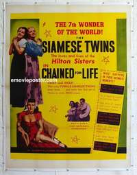 f045 CHAINED FOR LIFE linen two-sheet movie poster '51 Hilton Siamese Twins!