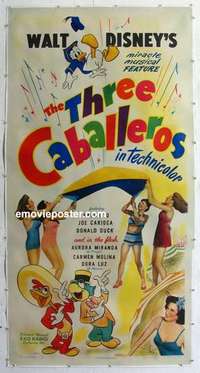 f061 THREE CABALLEROS linen three-sheet movie poster '44 Donald Duck, Panchito