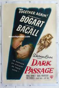 f342 DARK PASSAGE linen one-sheet movie poster '47 Humphrey Bogart, Bacall
