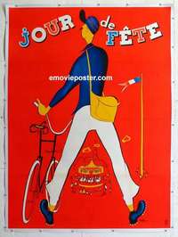 f031 JOUR DE FETE linen French one-panel movie poster R60s Jacques Tati, cool art!