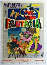 f029 FANTASIA linen Italian two-panel movie poster R50s Mickey Mouse, Disney classic!