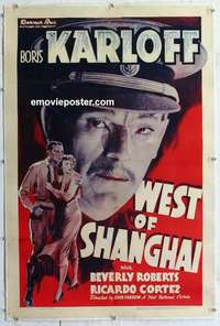 f551 WEST OF SHANGHAI linen one-sheet movie poster '37 Boris Karloff