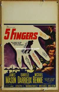 g307 5 FINGERS window card movie poster '52 James Mason, WWII spies!