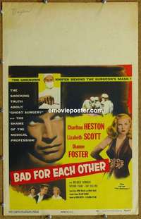 g323 BAD FOR EACH OTHER window card movie poster '53 Charlton Heston, Scott