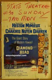 g404 DIAMOND HEAD window card movie poster '62 Charlton Heston, Hawaii