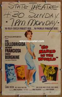 g444 GO NAKED IN THE WORLD window card movie poster '61 sexy Lollobrigida!
