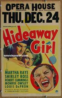 g462 HIDEAWAY GIRL window card movie poster '36 Martha Raye, Shirley Ross