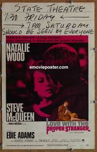g522 LOVE WITH THE PROPER STRANGER window card movie poster '64 Steve McQueen