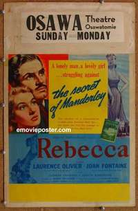 g593 REBECCA window card movie poster '40 Hitchcock, Olivier, Joan Fontaine