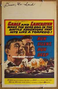 g606 RUN SILENT, RUN DEEP window card movie poster '58 Clark Gable, Lancaster