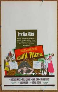 g627 SOUTH PACIFIC window card movie poster '59 Rossano Brazzi, Gaynor