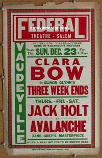 g655 THREE WEEKENDS/AVALANCHE local theater window card movie poster '28