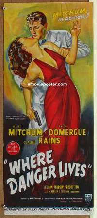 m007 WHERE DANGER LIVES Australian daybill movie poster '50 Robert Mitchum