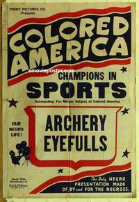 n384 COLORED AMERICA CHAMPIONS IN SPORTS one-sheet movie poster '30s Archery Eyefulls!