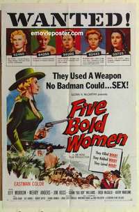 n667 FIVE BOLD WOMEN signed one-sheet movie poster '59 wanted bad girls!