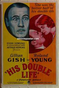 n957 HIS DOUBLE LIFE one-sheet movie poster '33 Lillian Gish, Roland Young