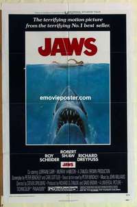 p131 JAWS one-sheet movie poster '75 Steven Spielberg classic shark!