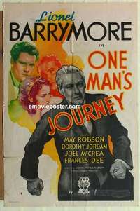 s636 ONE MAN'S JOURNEY one-sheet movie poster '33 Lionel Barrymore, Robson