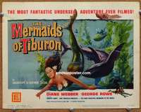 z162 MERMAIDS OF TIBURON movie title lobby card '62 sexy mermaid & shark!