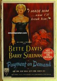 a112 PAYMENT ON DEMAND Aust one-sheet movie poster '51 classic Bette Davis!