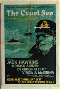 b460 CRUEL SEA English one-sheet movie poster '53 Jack Hawkins, WWII!