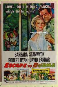 b618 ESCAPE TO BURMA one-sheet movie poster '55 Robert Ryan, Stanwyck
