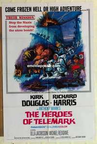 b869 HEROES OF TELEMARK one-sheet movie poster '66 Kirk Douglas, WWII