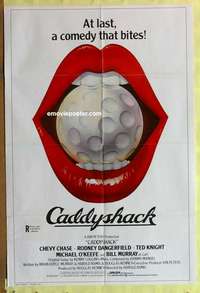 b321 CADDYSHACK int'l one-sheet movie poster '80 golfball in mouth image!