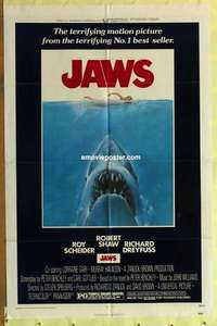 b989 JAWS one-sheet movie poster '75 Steven Spielberg classic shark!
