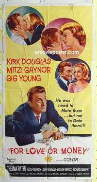 g273 FOR LOVE OR MONEY three-sheet movie poster '63 Kirk Douglas, Gaynor