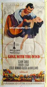 g274 GONE WITH THE WIND three-sheet movie poster R61 Clark Gable, Leigh