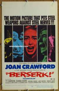 g029 BERSERK window card movie poster '67 crazy Joan Crawford!