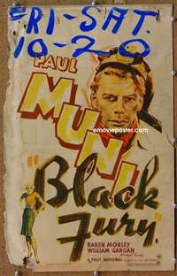 g035 BLACK FURY window card movie poster '35 Paul Muni, Karen Morley, Gargan