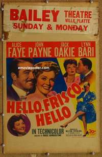 g123 HELLO, FRISCO, HELLO window card movie poster '43 Alice Faye, John Payne