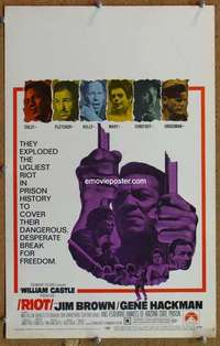 g201 RIOT window card movie poster '69 Jim Brown, Gene Hackman, prison escape!