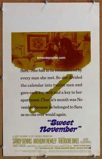 g224 SWEET NOVEMBER window card movie poster '68 Sandy Dennis, Newley
