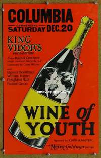 g251 WINE OF YOUTH window card movie poster '24 Vidor, cool bottle design!