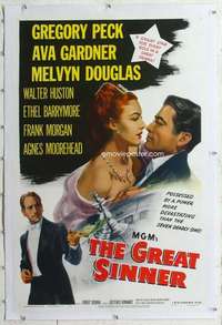 m433 GREAT SINNER linen one-sheet movie poster '49 gambling Gregory Peck!