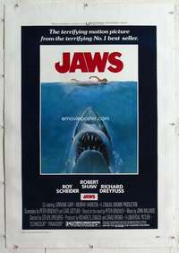 m454 JAWS linen one-sheet movie poster '75 Steven Spielberg classic shark!