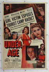 m566 UNDER AGE linen one-sheet movie poster '41 Nan Grey, bad girl teens!